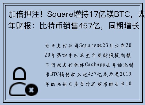 加倍押注！Square增持17亿镁BTC，去年财报：比特币销售457亿，同期增长九倍