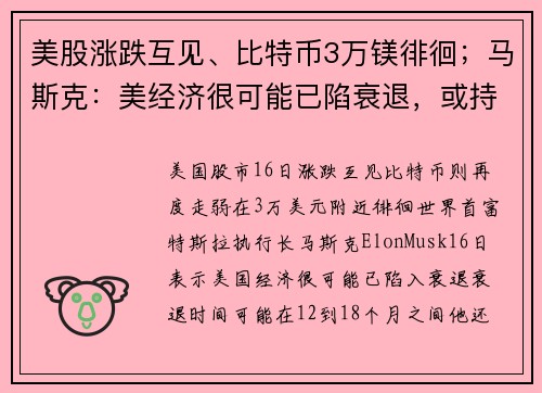 美股涨跌互见、比特币3万镁徘徊；马斯克：美经济很可能已陷衰退，或持续 12